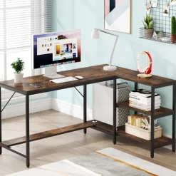 Shop Tribesigns L-Shaped Desk, Reversible Corner Computer Desk with Storage Shelves