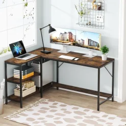 Shop Tribesigns L-Shaped Desk, Reversible Corner Computer Desk with Storage Shelves