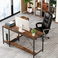 Shop Tribesigns L-Shaped Desk, Reversible Corner Computer Desk with Storage Shelves