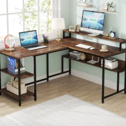Discount Tribesigns L-Shaped Desk, Reversible Corner Desk with Shelves & Monitor Stand