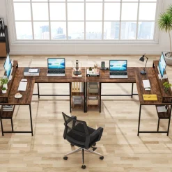 Discount Tribesigns L-Shaped Desk, Reversible Corner Desk with Shelves & Monitor Stand