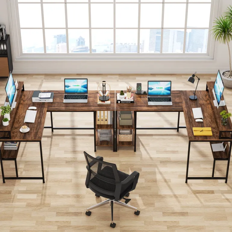Discount Tribesigns L-Shaped Desk, Reversible Corner Desk with Shelves & Monitor Stand