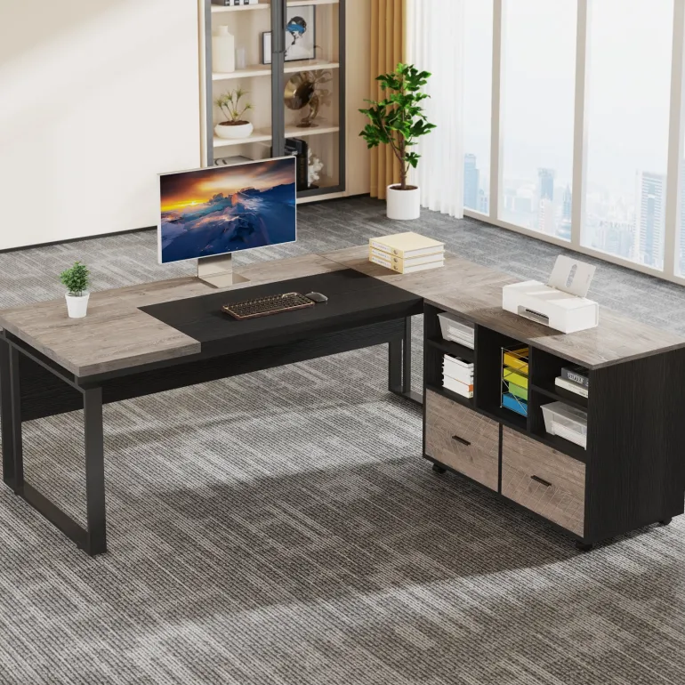 Discount Tribesigns L-Shaped Executive Desk, 63" Computer Desk with Mobile File Cabinet