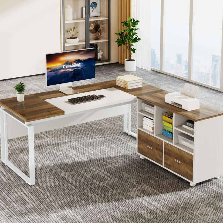 Discount Tribesigns L-Shaped Executive Desk, 63" Computer Desk with Mobile File Cabinet