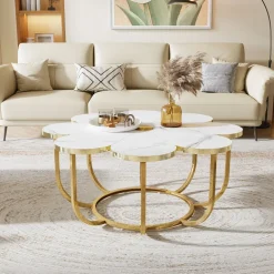 Outlet Tribesigns Modern Coffee Table, Flower - Shaped Center Table with Faux Marble Tabletop