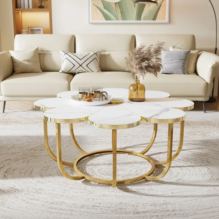 Outlet Tribesigns Modern Coffee Table, Flower - Shaped Center Table with Faux Marble Tabletop