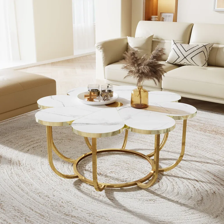 Outlet Tribesigns Modern Coffee Table, Flower - Shaped Center Table with Faux Marble Tabletop