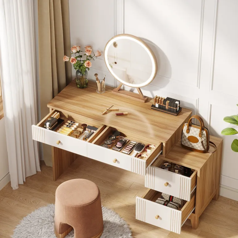 Sale Tribesigns Modern Makeup Vanity Dressing Table with 4 Large Drawers(Without Mirror & Stool)