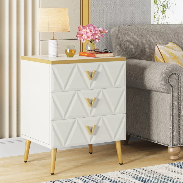 Discount Tribesigns Modern Nightstand, Wooden Bedside Table with 3 Drawers(2PCS)