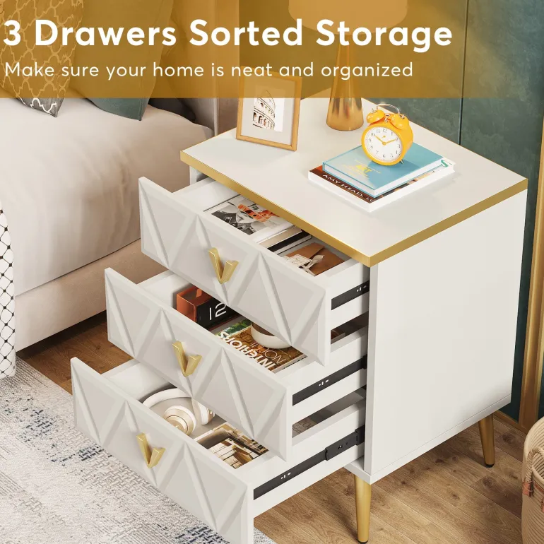 Discount Tribesigns Modern Nightstand, Wooden Bedside Table with 3 Drawers(2PCS)