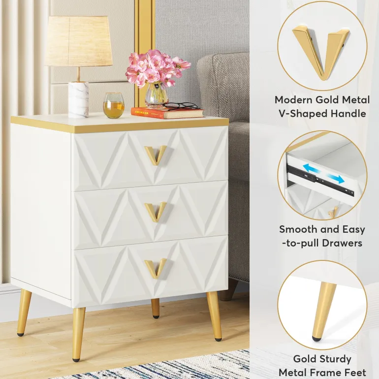 Discount Tribesigns Modern Nightstand, Wooden Bedside Table with 3 Drawers(2PCS)