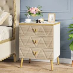 Discount Tribesigns Modern Nightstand, Wooden Bedside Table with 3 Drawers(2PCS)