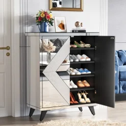 New Tribesigns Modern Shoe Cabinet Entryway Shoe Organizer with Mirrored Doors