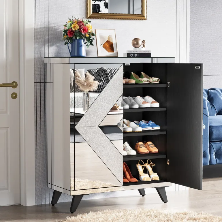 New Tribesigns Modern Shoe Cabinet Entryway Shoe Organizer with Mirrored Doors
