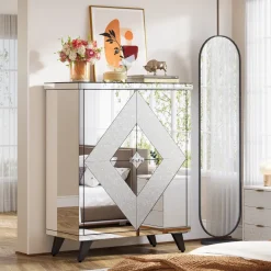 New Tribesigns Modern Shoe Cabinet Entryway Shoe Organizer with Mirrored Doors