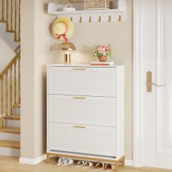 Cheap Tribesigns Modern Shoe Cabinet with Wall Mounted Coat Rack & Flip Drawer
