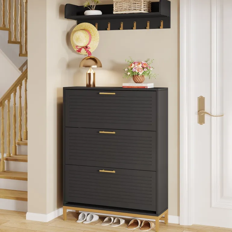 Cheap Tribesigns Modern Shoe Cabinet with Wall Mounted Coat Rack & Flip Drawer