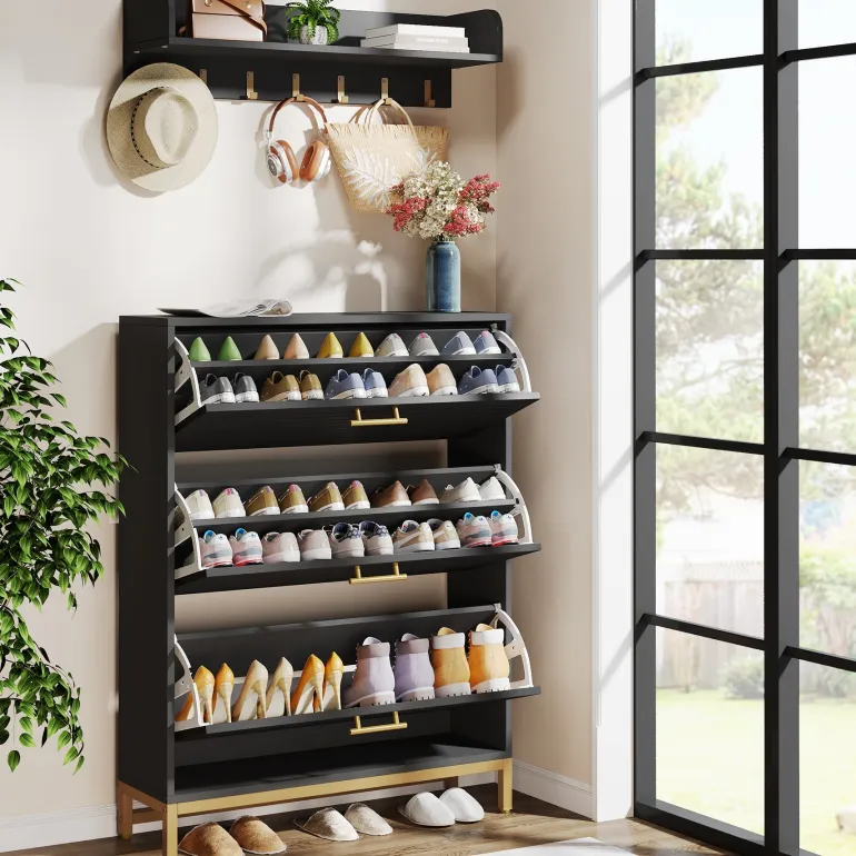 Cheap Tribesigns Modern Shoe Cabinet with Wall Mounted Coat Rack & Flip Drawer