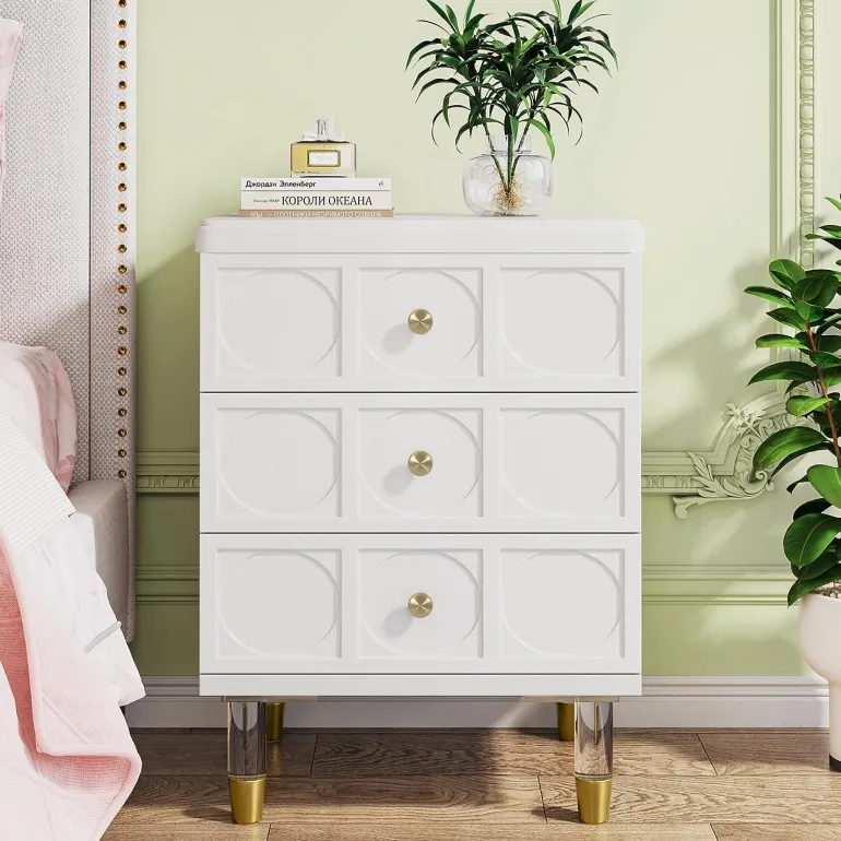 Cheap Tribesigns Nightstand, 3-Drawer Bedside Table with Acrylic Metal Legs