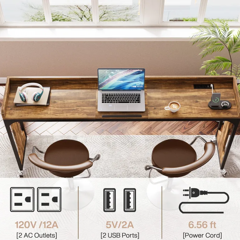 Store Tribesigns Overbed Table with Wheels, 71" Laptop Cart with Outlets & USB Ports