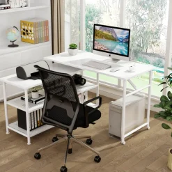 Fashion Tribesigns Rotating Desk, Modern L-Shaped Desk with Storage Shelves