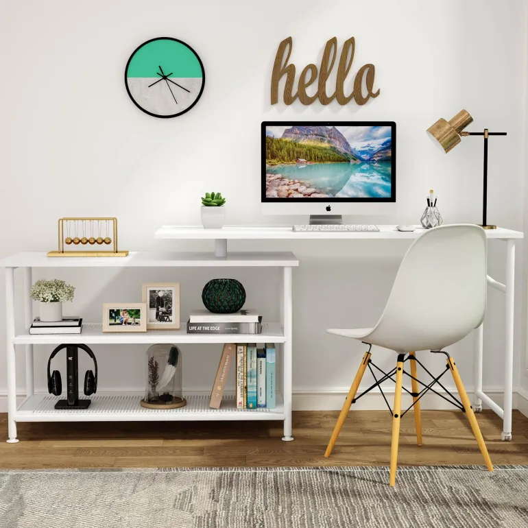 Fashion Tribesigns Rotating Desk, Modern L-Shaped Desk with Storage Shelves