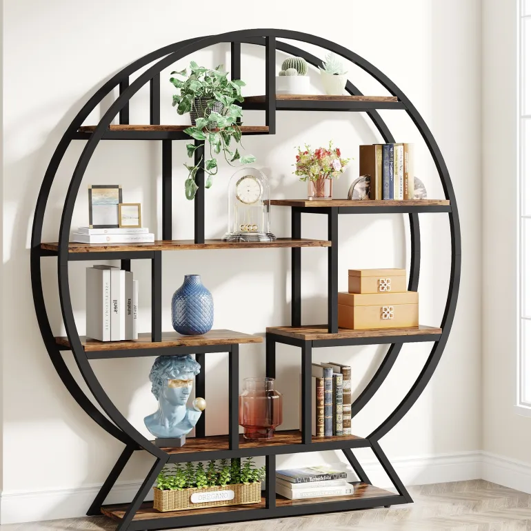 Cheap Tribesigns Round Bookshelf, 63 Inch Etagere Bookcase with Staggered Shelves