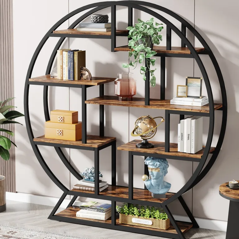 Cheap Tribesigns Round Bookshelf, 63 Inch Etagere Bookcase with Staggered Shelves