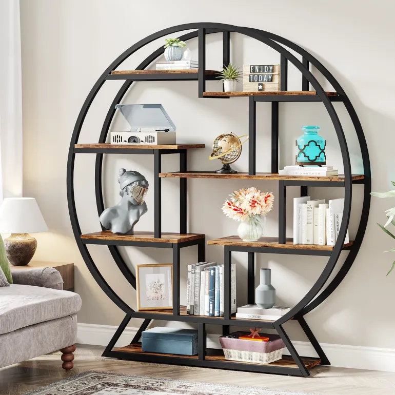 Cheap Tribesigns Round Bookshelf, 63 Inch Etagere Bookcase with Staggered Shelves
