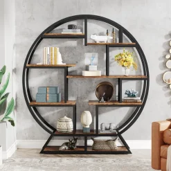 Cheap Tribesigns Round Bookshelf, 63 Inch Etagere Bookcase with Staggered Shelves