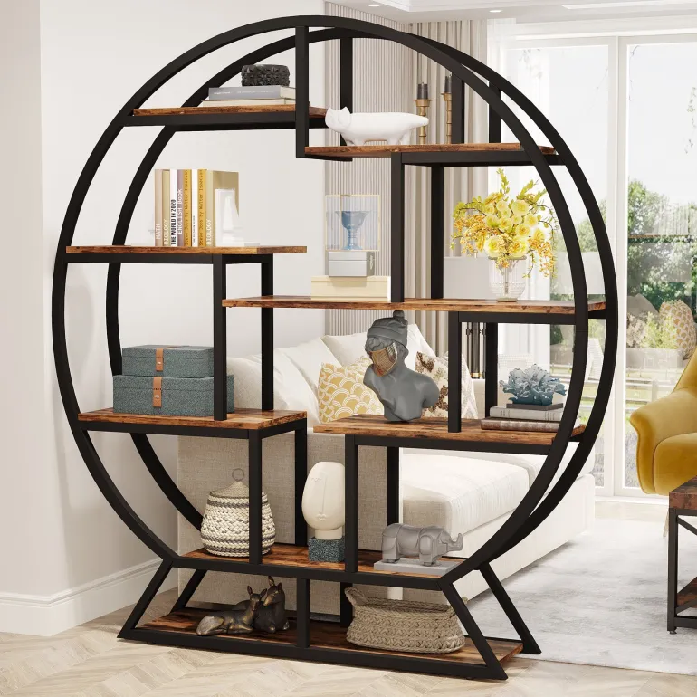 Cheap Tribesigns Round Bookshelf, 63 Inch Etagere Bookcase with Staggered Shelves