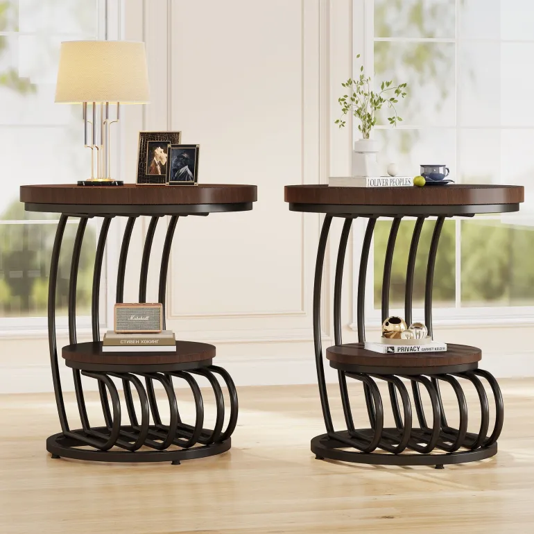 Fashion Tribesigns Round End Table, 2 Tiers Faux Marble Side Table with Storage Shelf
