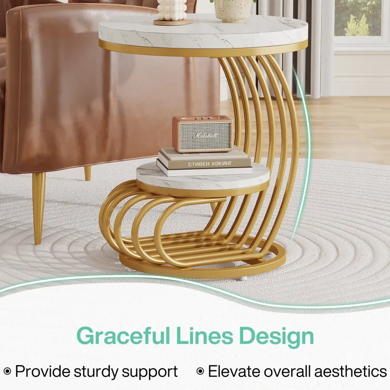 Fashion Tribesigns Round End Table, 2 Tiers Faux Marble Side Table with Storage Shelf