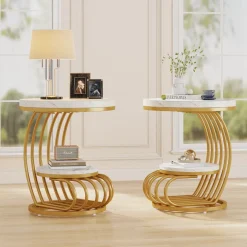 Fashion Tribesigns Round End Table, 2 Tiers Faux Marble Side Table with Storage Shelf