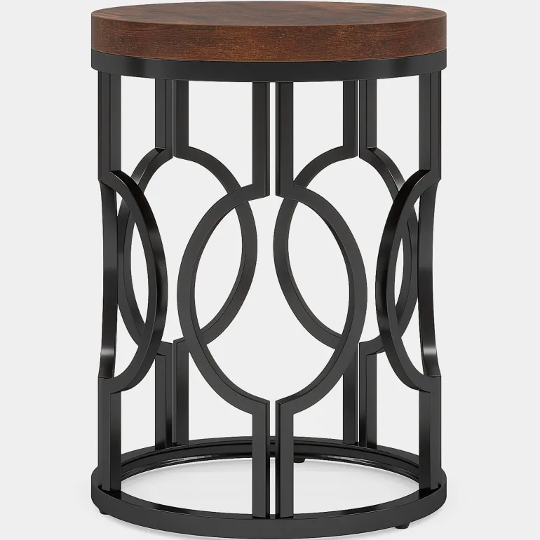 Outlet Tribesigns Round End Table, Industrial Side Table with Metal Hollow Frame