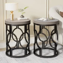 Outlet Tribesigns Round End Table, Industrial Side Table with Metal Hollow Frame
