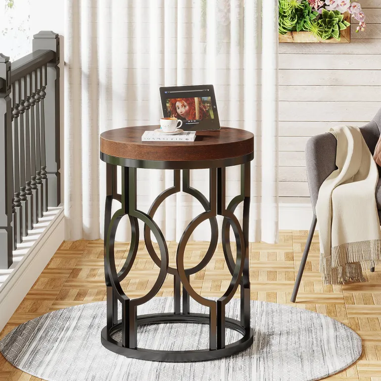 Outlet Tribesigns Round End Table, Industrial Side Table with Metal Hollow Frame
