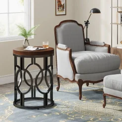 Outlet Tribesigns Round End Table, Industrial Side Table with Metal Hollow Frame