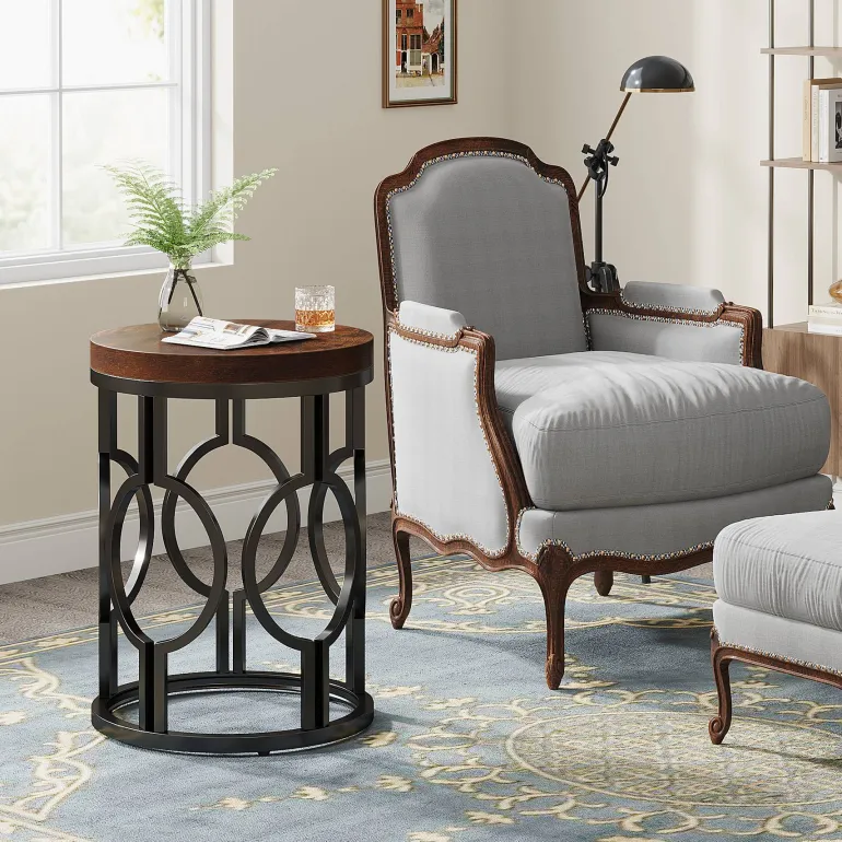 Outlet Tribesigns Round End Table, Industrial Side Table with Metal Hollow Frame