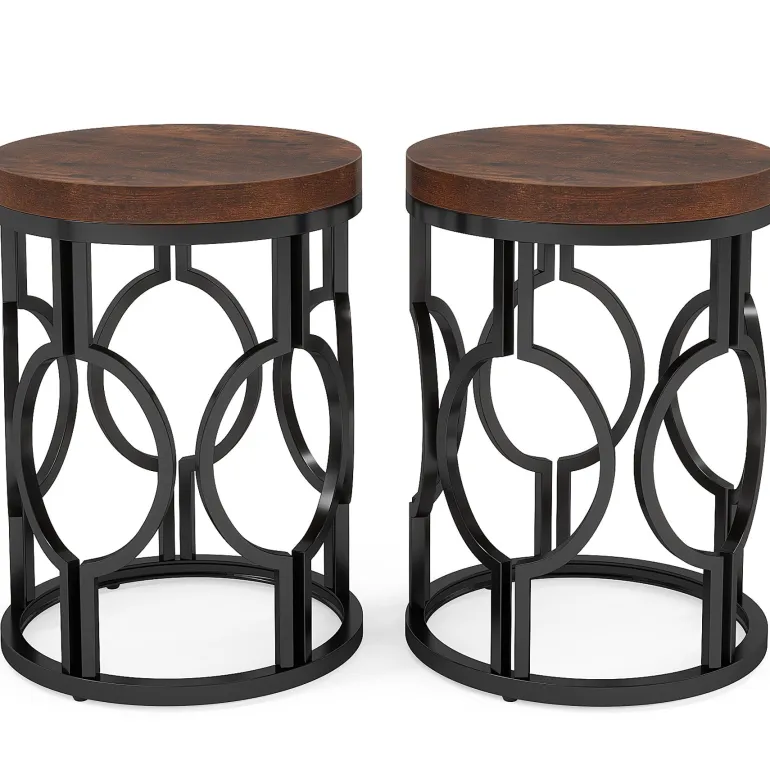 Outlet Tribesigns Round End Table, Industrial Side Table with Metal Hollow Frame