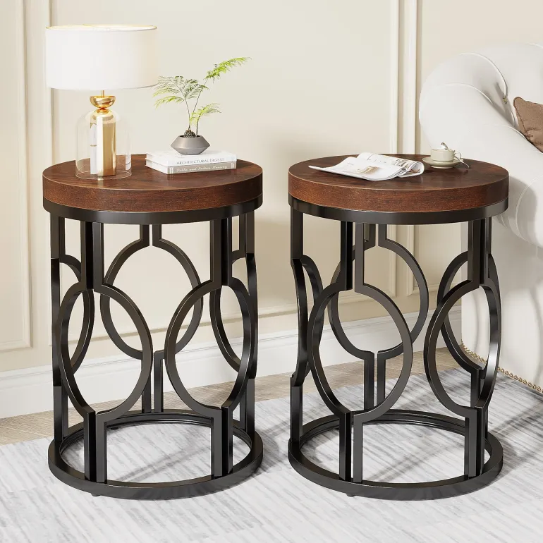 Outlet Tribesigns Round End Table, Industrial Side Table with Metal Hollow Frame