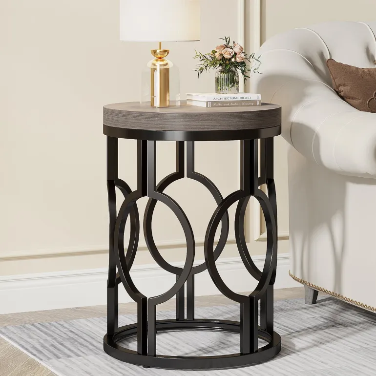 Outlet Tribesigns Round End Table, Industrial Side Table with Metal Hollow Frame