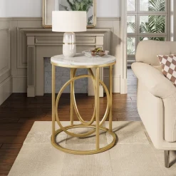 Hot Tribesigns Round End Table, Modern Sofa Side Table with Faux Marble Top