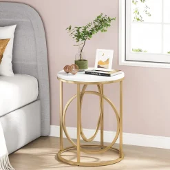Hot Tribesigns Round End Table, Modern Sofa Side Table with Faux Marble Top