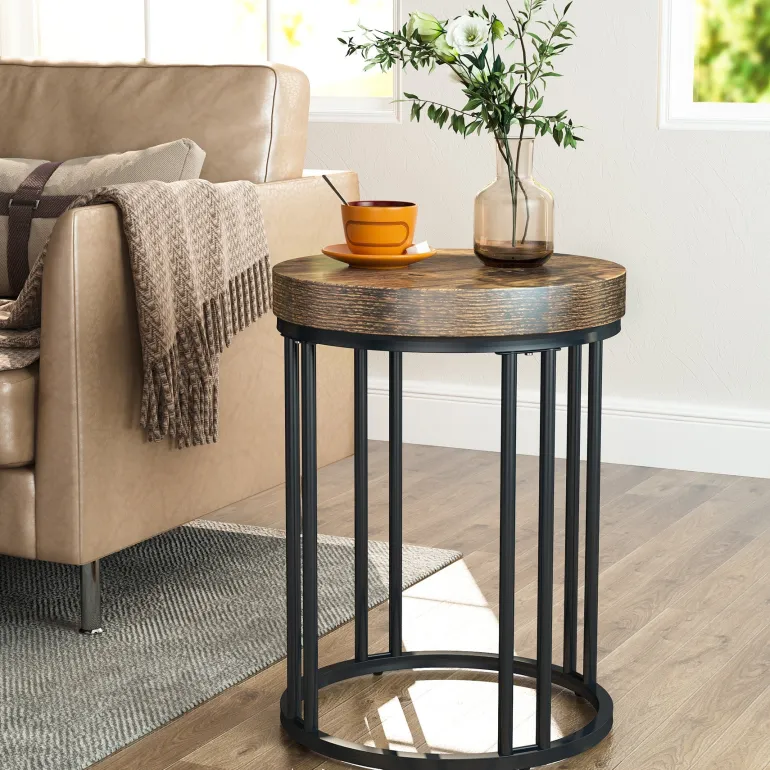 Fashion Tribesigns Round End Table, Small Accent Side Table with Metal Frame
