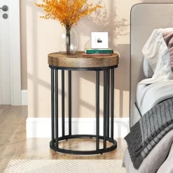 Fashion Tribesigns Round End Table, Small Accent Side Table with Metal Frame