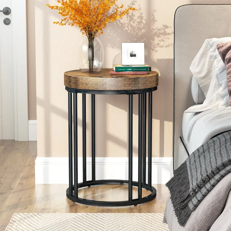 Fashion Tribesigns Round End Table, Small Accent Side Table with Metal Frame