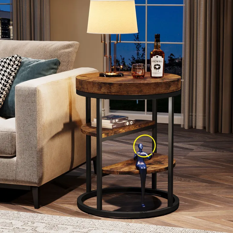Cheap Tribesigns Round End Table, Small Side Table Nightstand with 3 - Tier Shelves