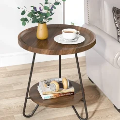 Hot Tribesigns Round End Table, 2-Tier Side Table Accent Table with Metal Legs