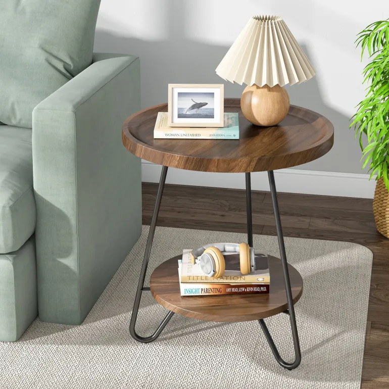 Hot Tribesigns Round End Table, 2-Tier Side Table Accent Table with Metal Legs